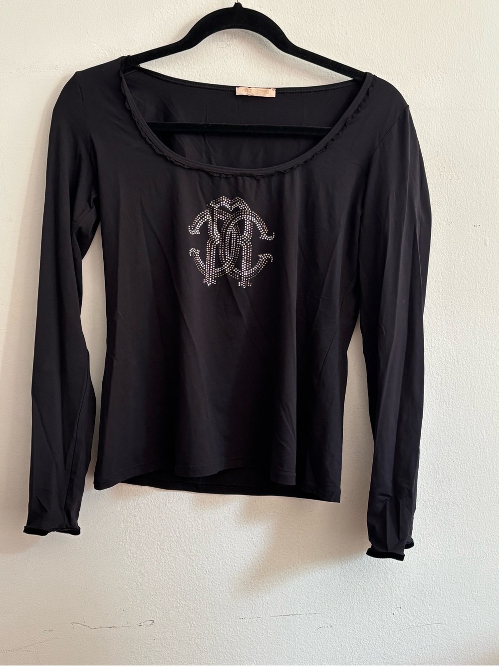 Roberto Cavalli black long sleeve top with rhinestone logo